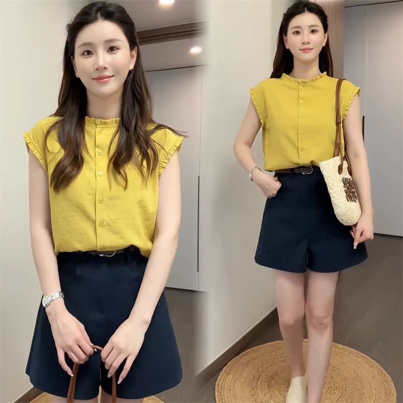 时尚休闲木耳边立领无袖衬衫女洋气百搭宽松显瘦小飞袖衬衣女夏季