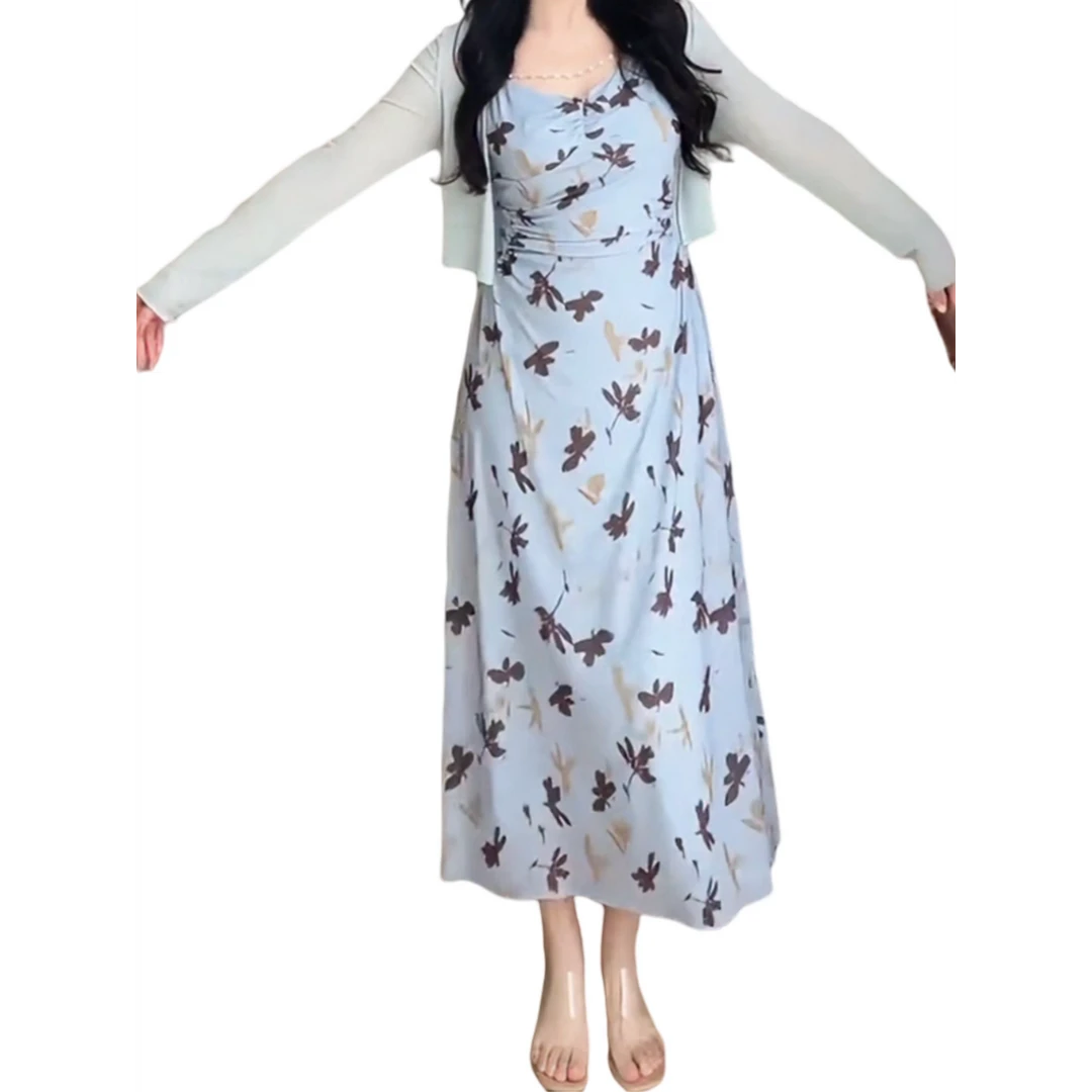 猪猪头家法式V领碎花收腰吊带连衣裙2025夏季显瘦气质长裙子套装