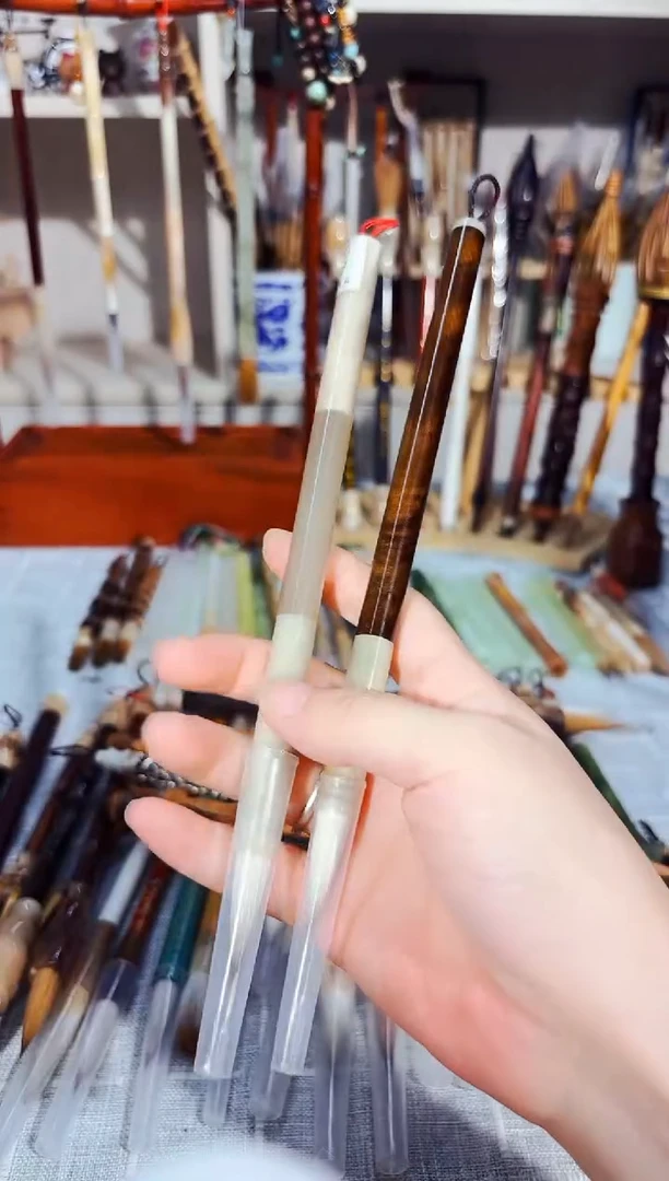 29号 牛角笔杆金丝楠木两支兼毫到手（清水试笔）