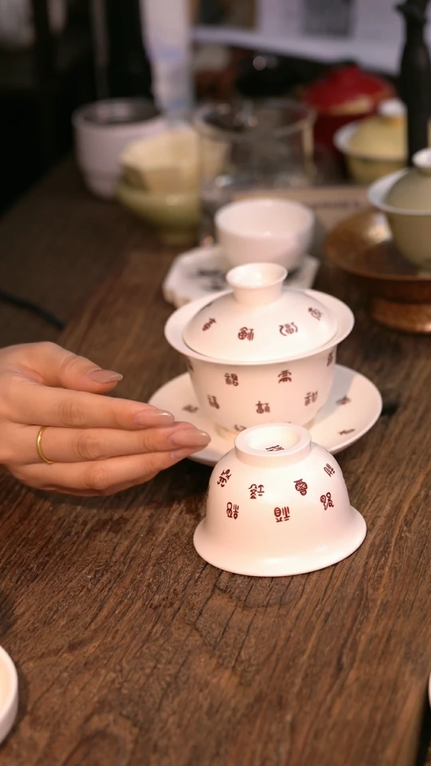 【百福三才盖碗+主人杯一套】原创手工手绘茶器