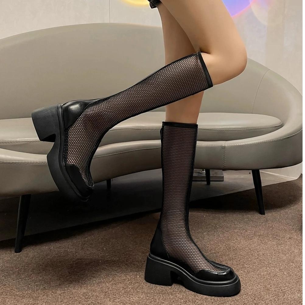 软皮网纱长靴女夏季薄款透气镂空高筒凉靴小个子高跟不过膝骑士靴
