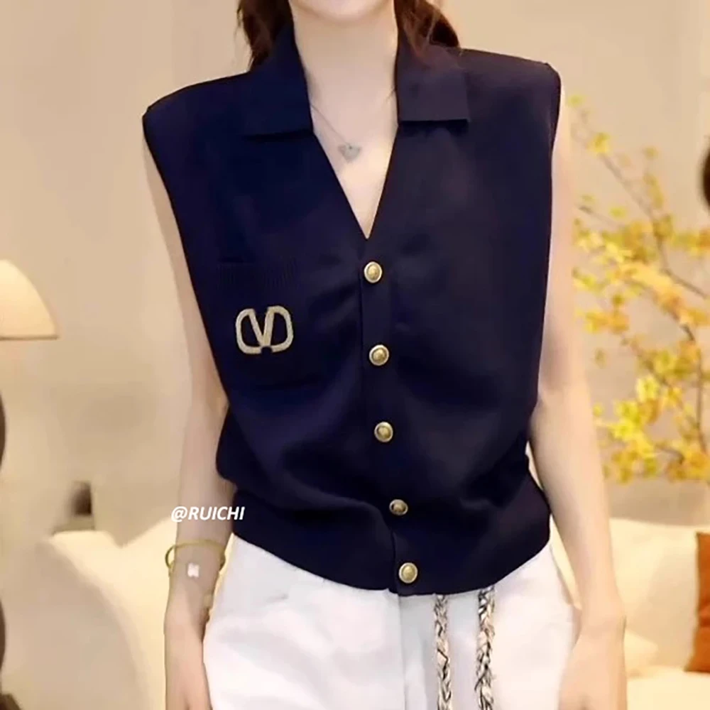 【现货】夏季韩系 POLO领小V领金扣小香风背心薄款短款针织衫上衣女