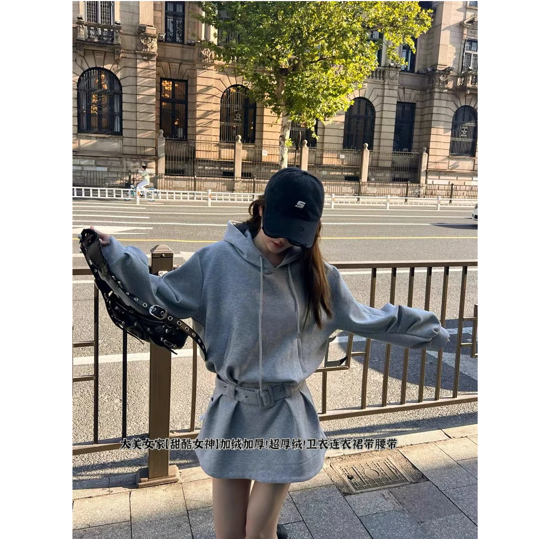 大美女家【甜酷女神】加绒加厚！超厚绒！卫衣连衣裙带腰带