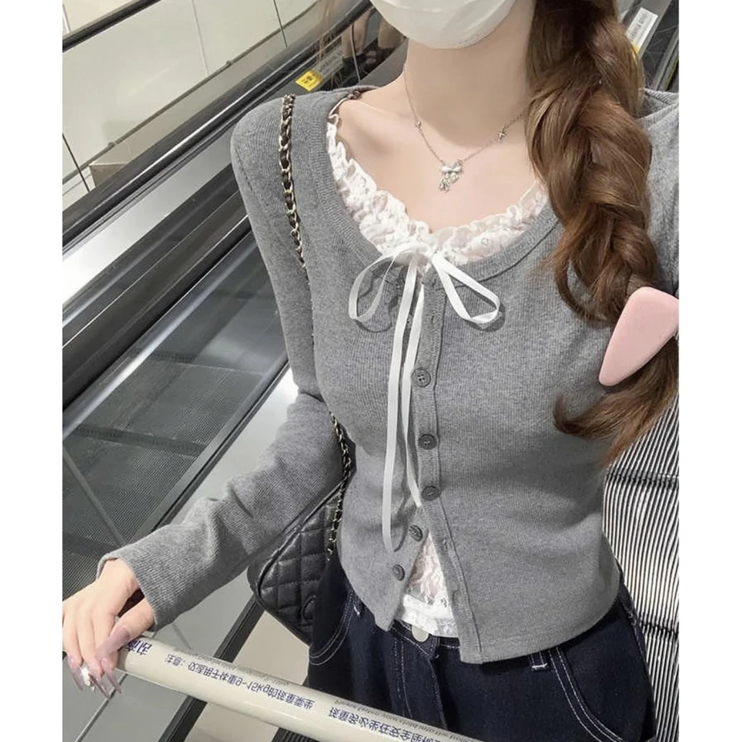 【粉丝福利】韩系纯欲风蕾丝拼接撞色设计感上衣女新款显瘦7686#0.1