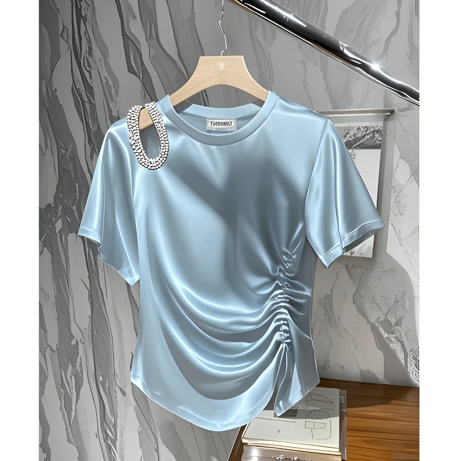 2025夏季新款法式显瘦浅蓝色醋酸上衣超好看独特气质漂亮短袖女装