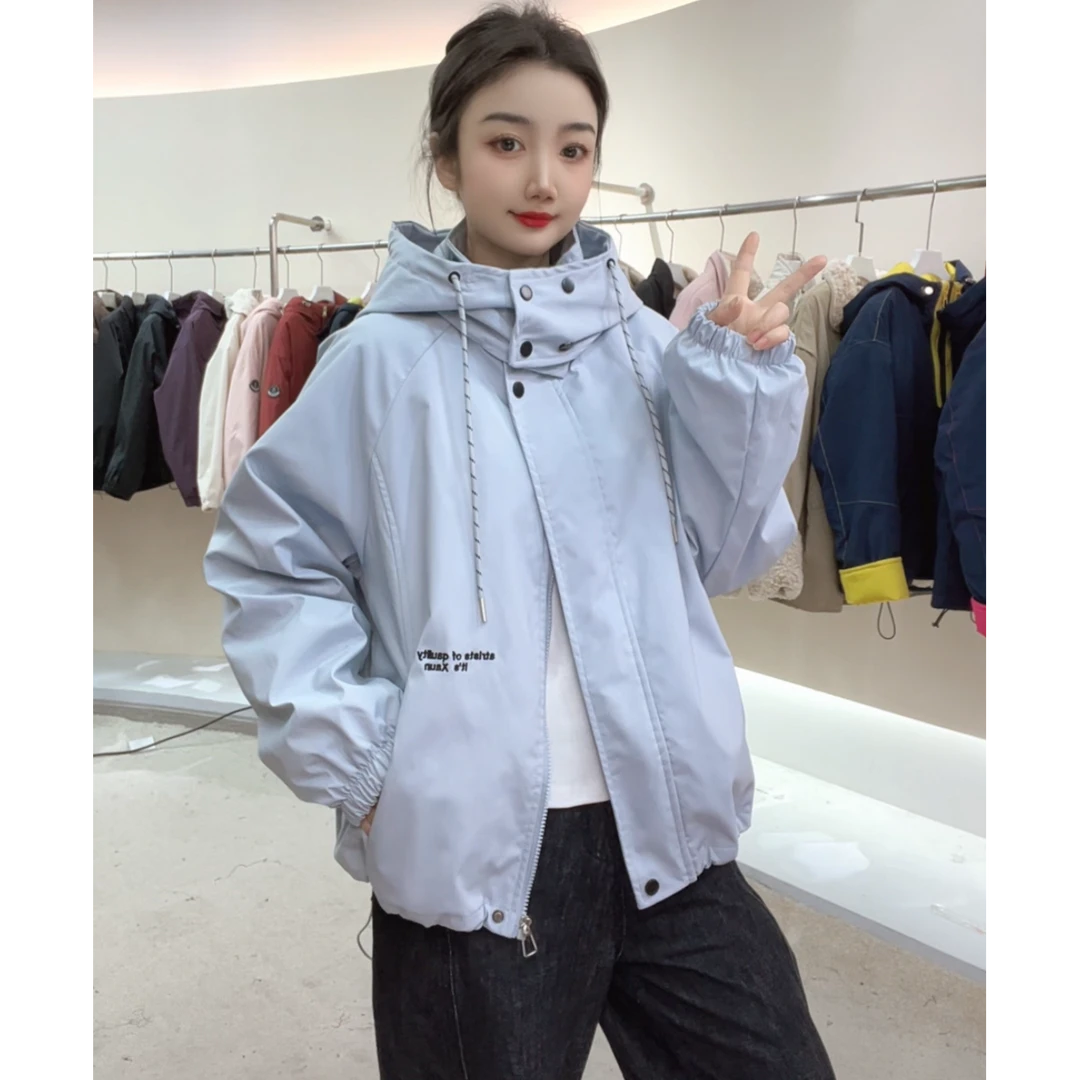 DF01春秋新款宽松休闲连帽绣花冲锋衣外套