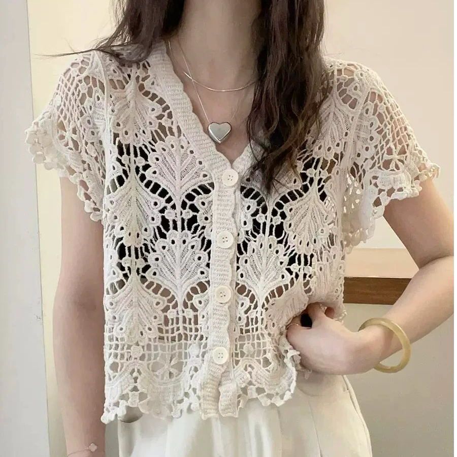 短袖夏季拼接V领女洋气镂空毛针织衫法式V领开扣开衫时尚外搭263