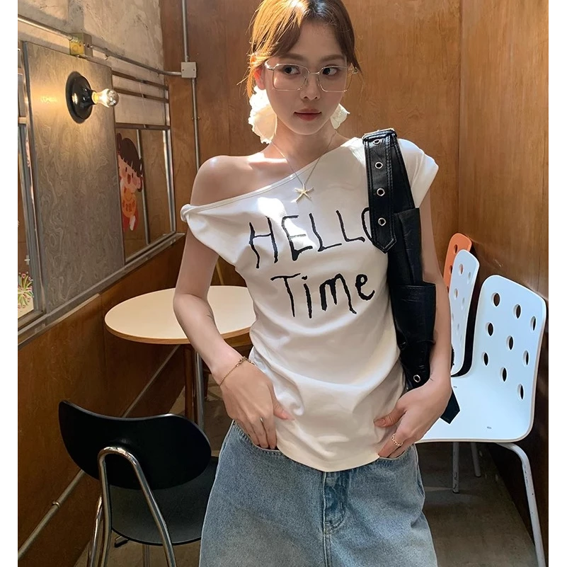 纯欲风字母印花短袖T恤女设计感打扭夏季新款辣妹修身显瘦上衣ins