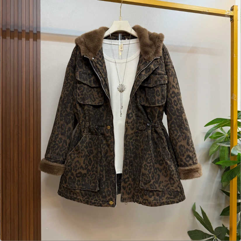 冬季新款大码女装时尚气质复古欧美风保暖加绒连帽豹纹外套