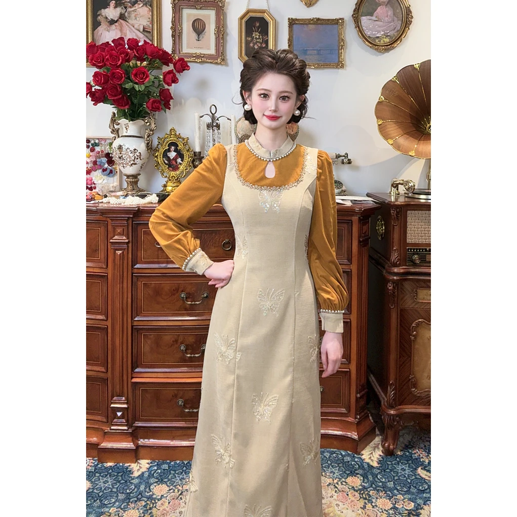 现货一生罗曼【橘仙】新款法式复古秋季别致设计感高级连衣裙L1531