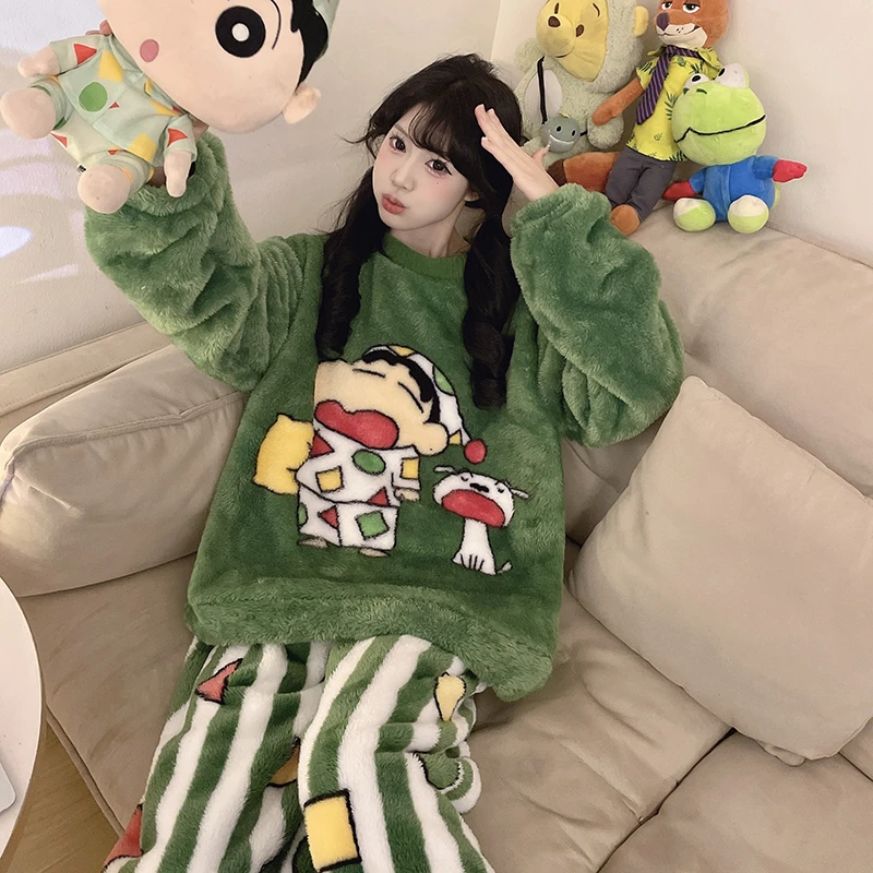 动漫款秋冬珊瑚绒少女慵懒风睡衣套装情侣卡通动漫加绒加厚家居服