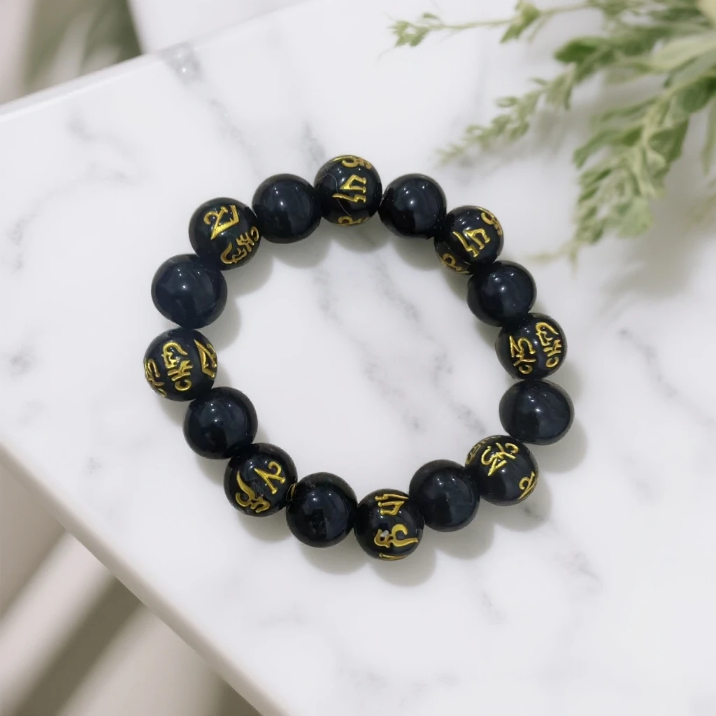 黑曜石单圈五条金文精品手串