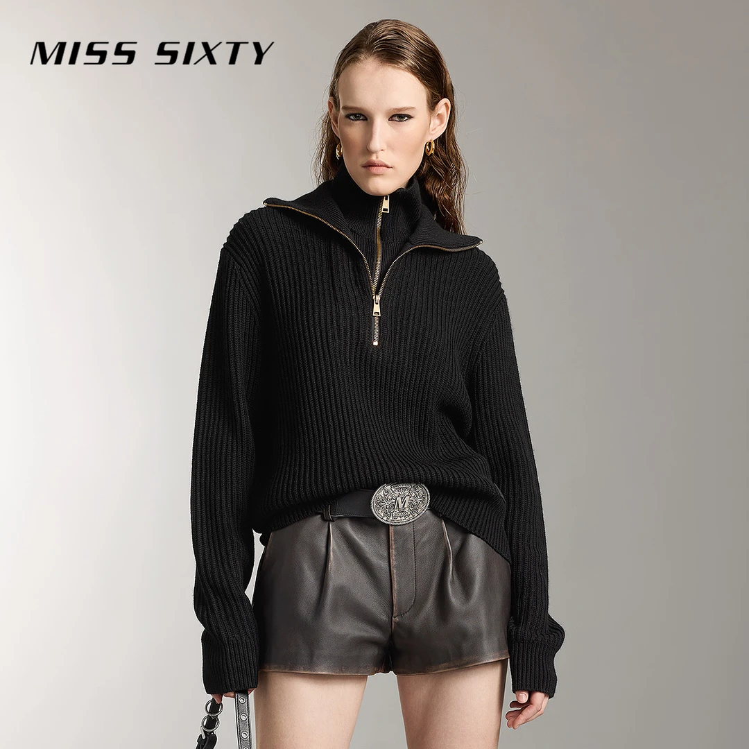 【新年系列】Miss Sixty绵羊毛针织衫假两件拉链半门襟毛衣