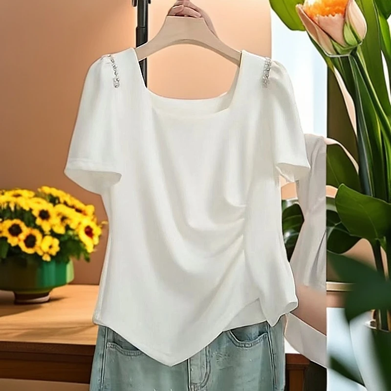 法式设计感不规则显瘦短袖t恤女夏季2024新款重工镶钻褶皱上衣潮