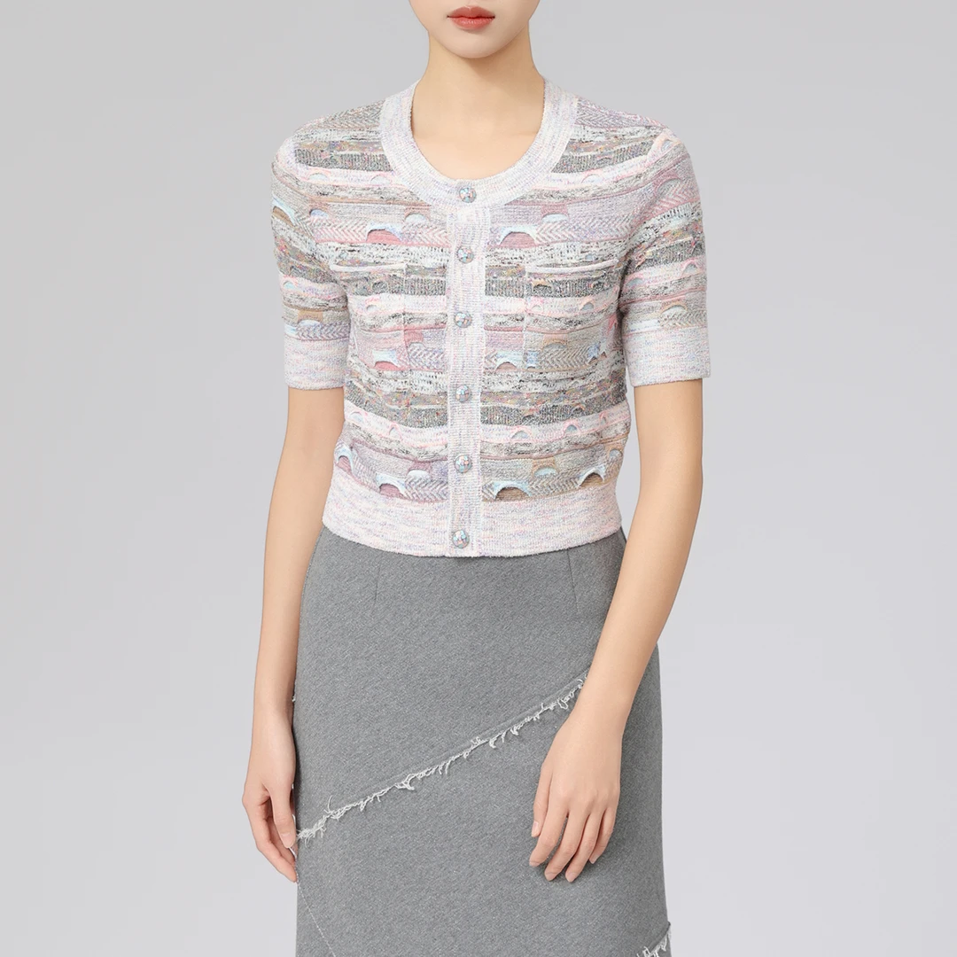 AMASS/阿玛施新款百搭圆领上衣设计款印花短袖针织开衫女548020