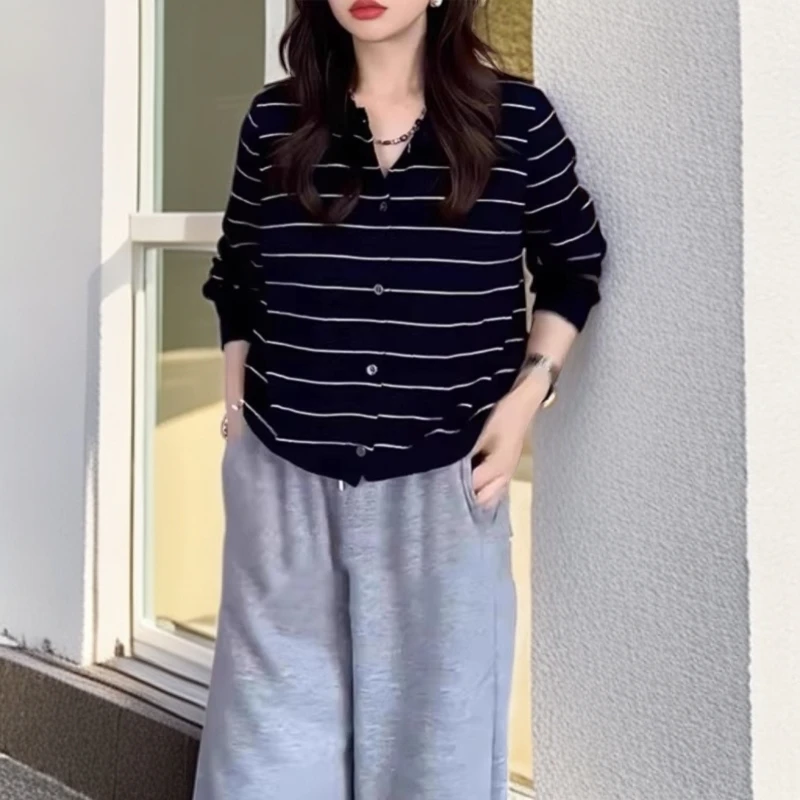 GiftPalm春秋高级感条纹针织开衫女大码胖mm遮肚子显瘦内搭打底衫