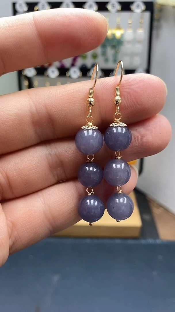 银S925镀金镶嵌和田玉耳饰尺寸10mm连珠烟紫