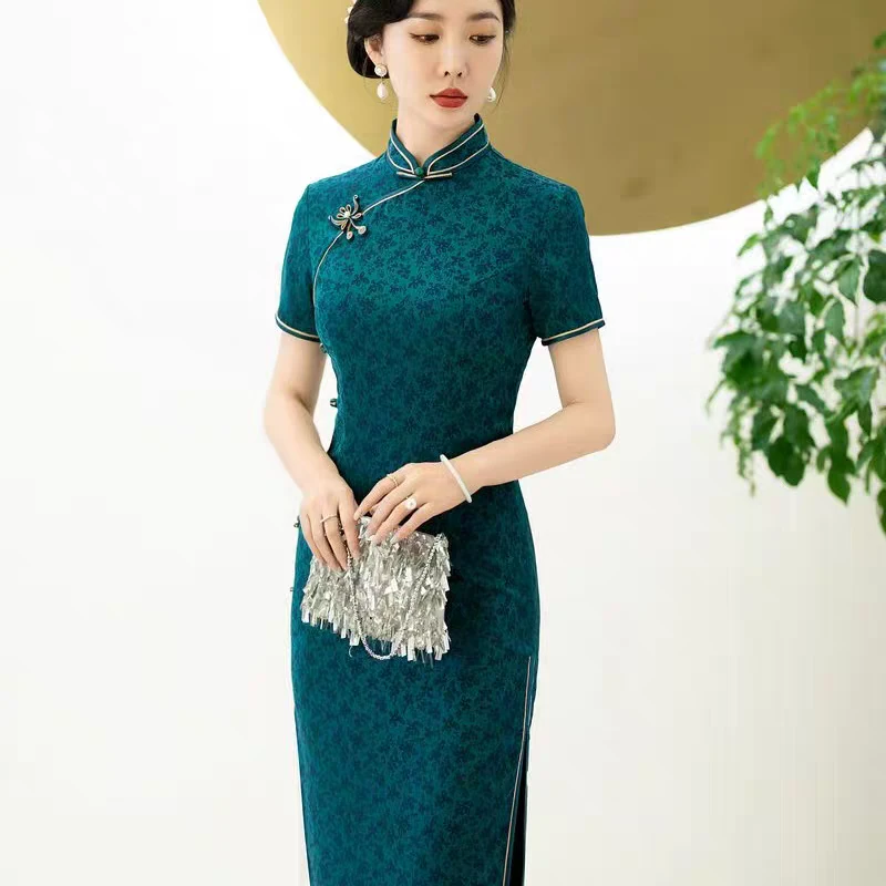BYXJ-锦缎提花花扣高腰侧八扣旗袍