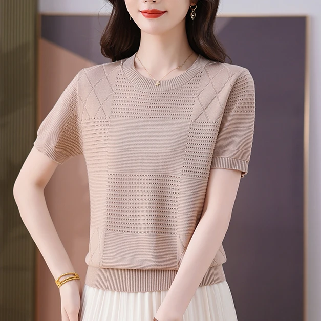 短袖针织毛针织衫针织短袖t桖夏季针织衫薄款圆领打底衫女装