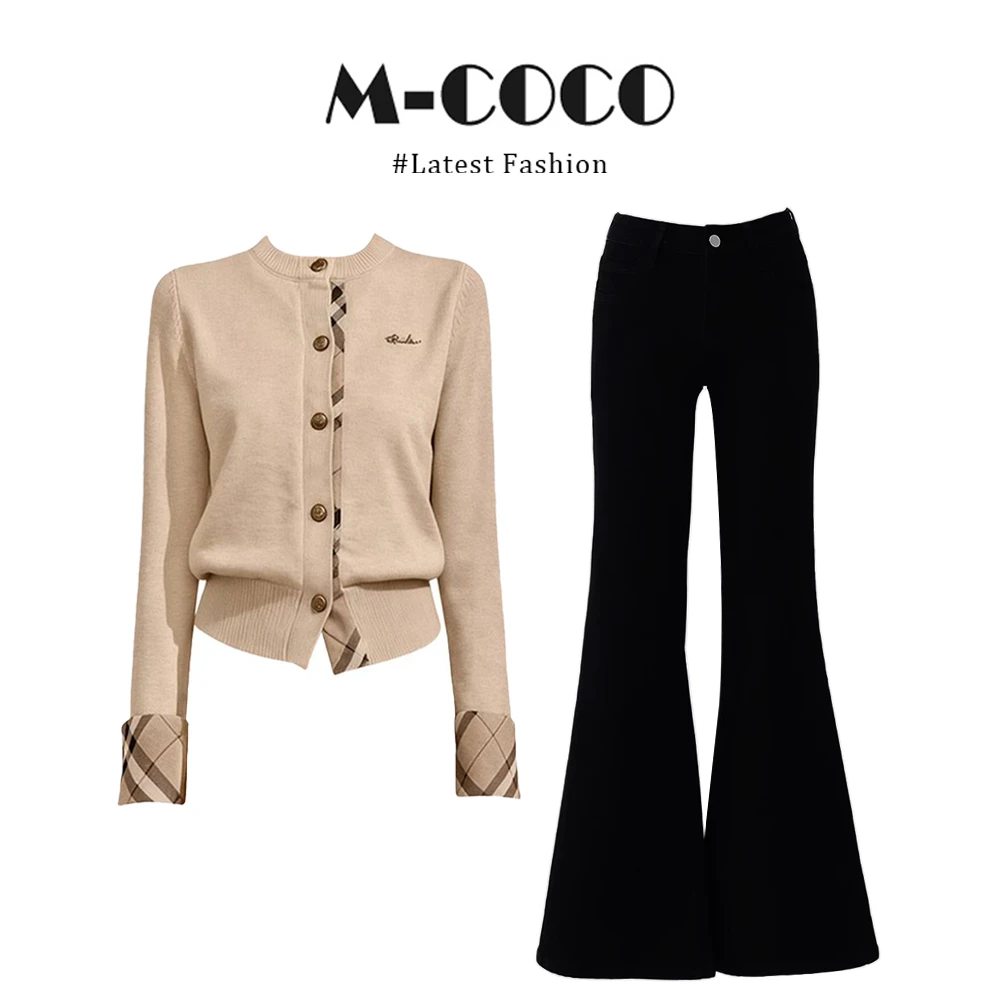 MARIE.COCO秋冬新款韩式格纹撞色圆领针织开衫上衣显瘦微喇裤套装
