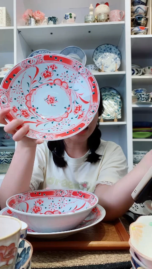 陶瓷日本进口赤绘梅深盘22.5cm