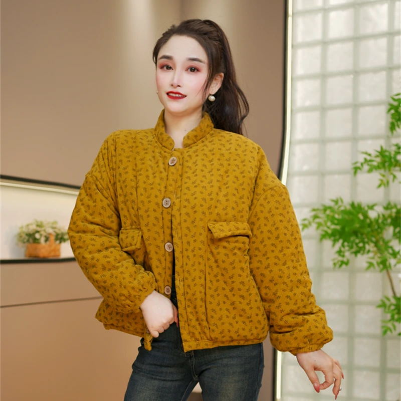 时尚短款棉衣女休闲百搭冬装棉服印花保暖加绒加厚大口袋外套