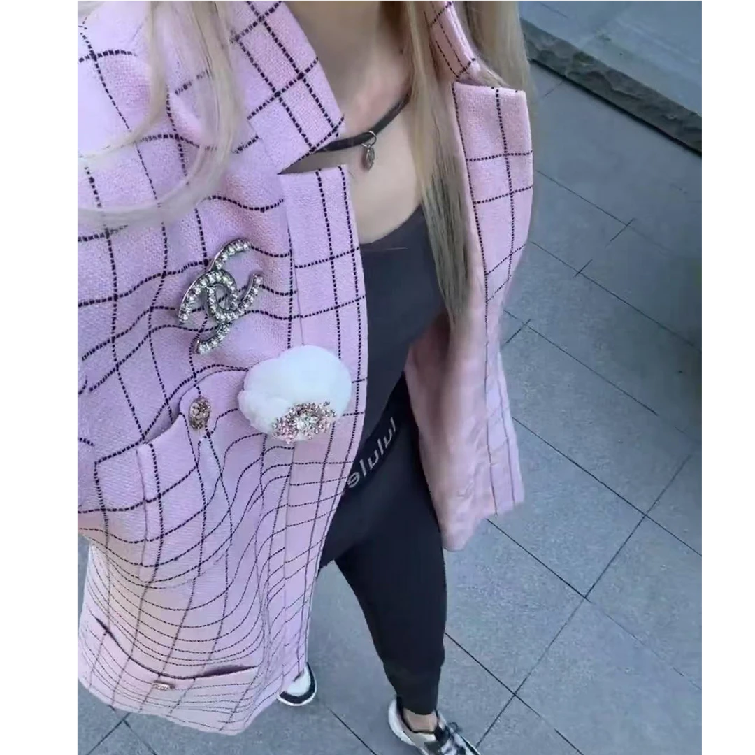 99新 Chanel/香奈儿 24S淡粉色格纹浴袍系带长款外套 36码