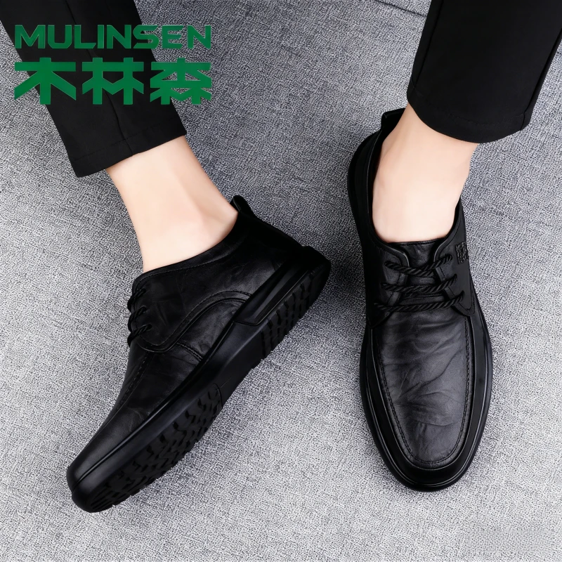 木林森耐磨鞋子男士真皮商务皮鞋增高软底爸爸正手工德比男士皮鞋