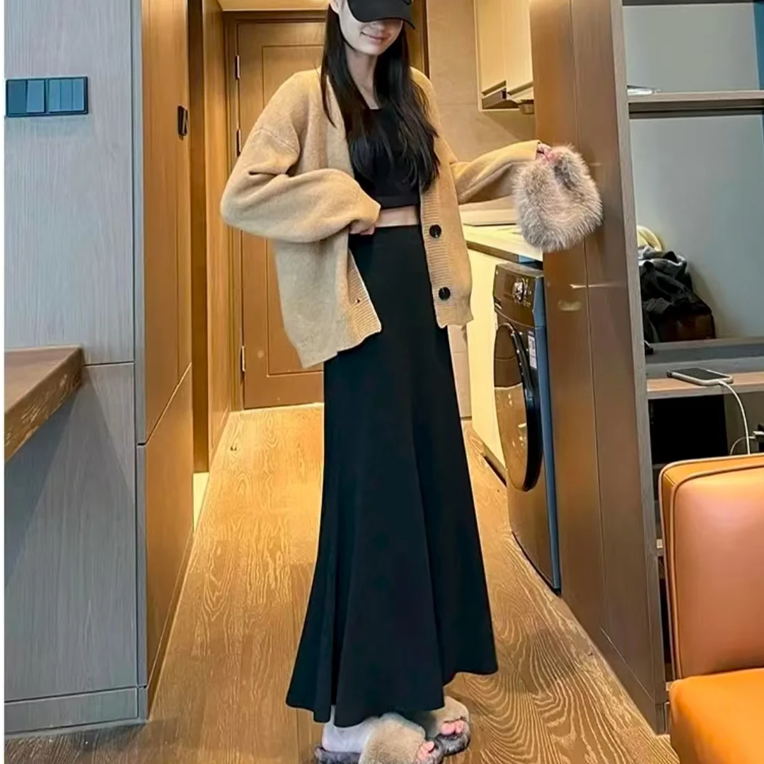 【二个裙长】韩系复古舒适简约高腰垂感鱼尾半身裙女慵懒风遮肉长裙
