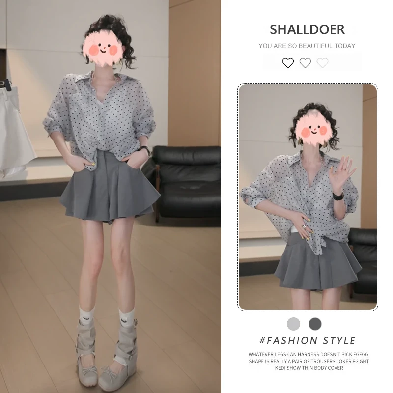高级感纯欲慵懒风女装套装2025夏季新款波点防晒衬衣短裙裤两件套