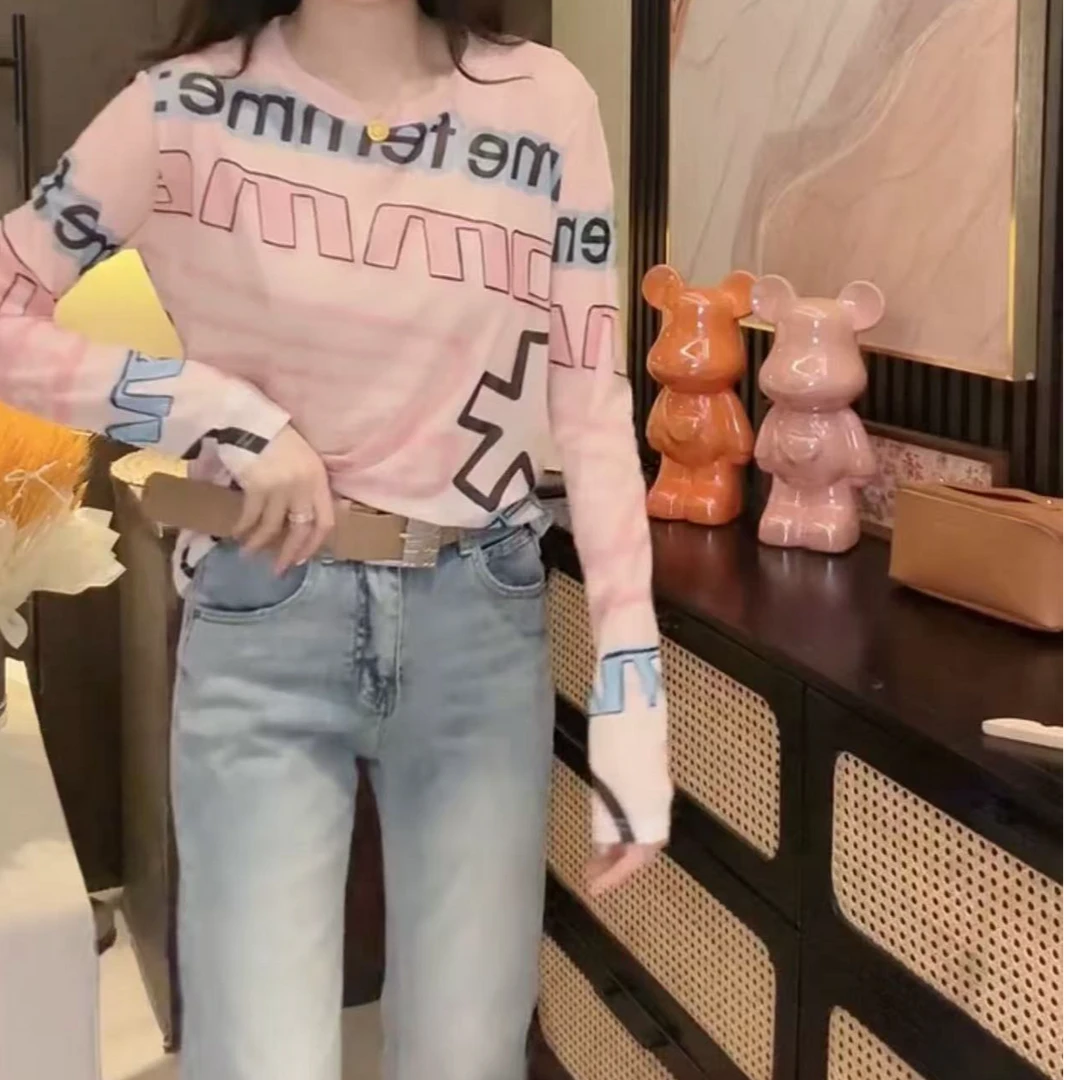 春夏季字母防晒长袖杂志风印花圆领韩版拼接时尚洋气宽松打底衫