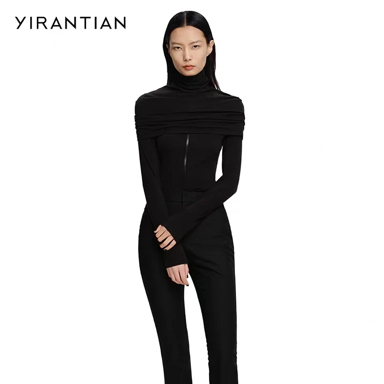 以类设计师品牌YIRANTIAN双层高领针织上衣舒适净色黑白打底31220