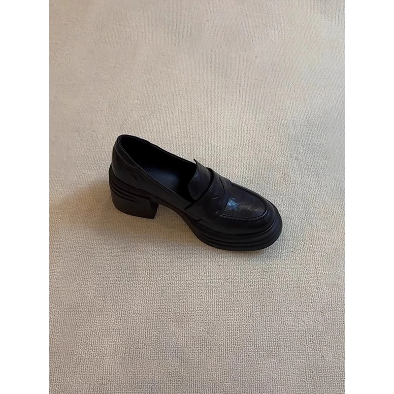 羊皮版~复古风厚底增高百搭乐福鞋女通勤一脚蹬单鞋女粗跟小皮鞋