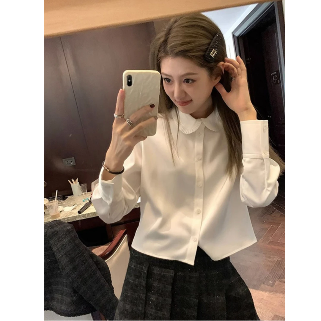白色娃娃领内搭短款衬衫女2025早春新款设计感小个子衬衣上衣
