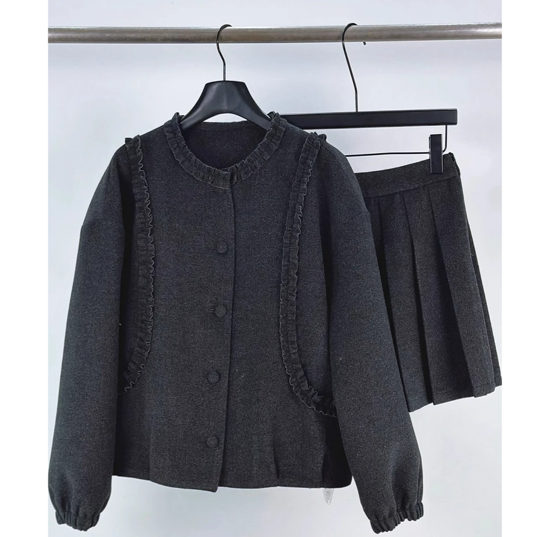 Z159#秋冬精致学院风套装女冬木耳花边毛呢高级感外套百褶裙套装