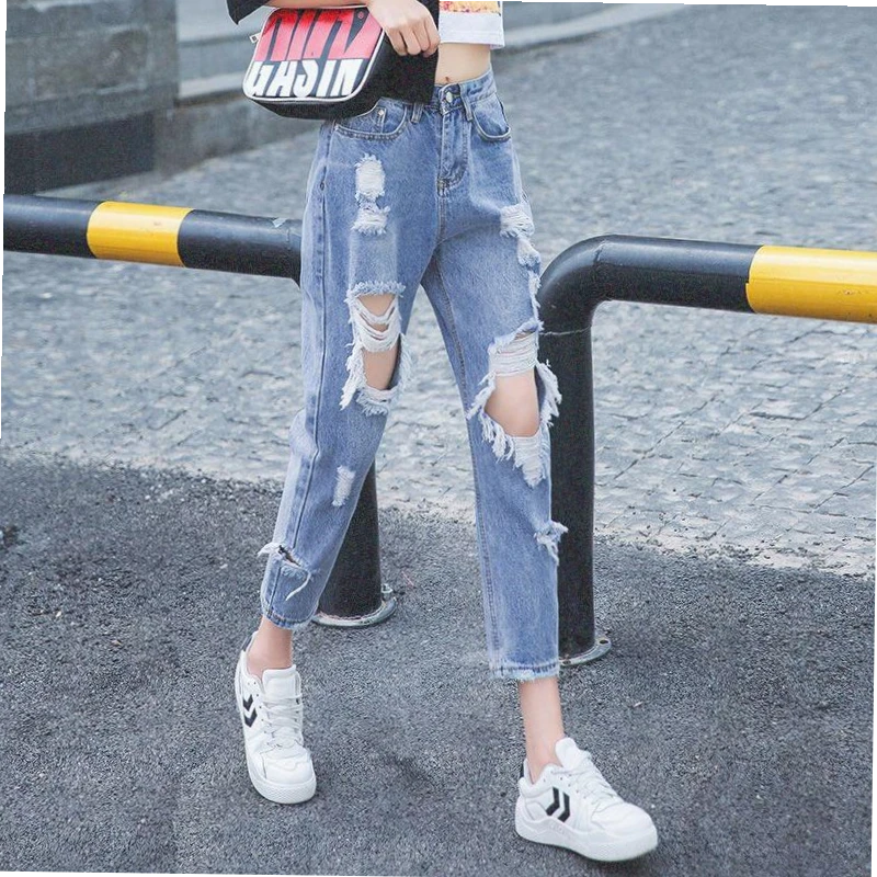 破洞仔裤女宽松直筒裤子2024夏季新款高腰显瘦九分乞丐裤