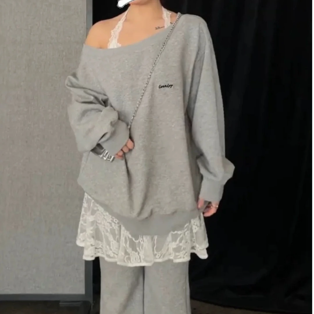 2025春季新款大码女装套装韩系叠穿斜肩卫衣+挂脖蕾丝+阔腿裤