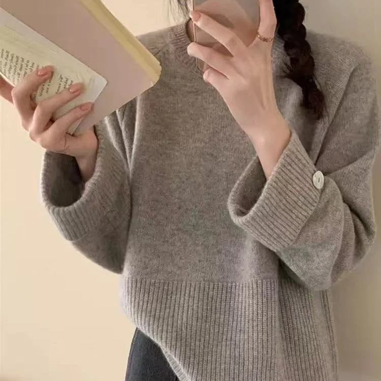 276#秋冬新款慵懒风宽松显瘦圆领套头针织衫长袖70