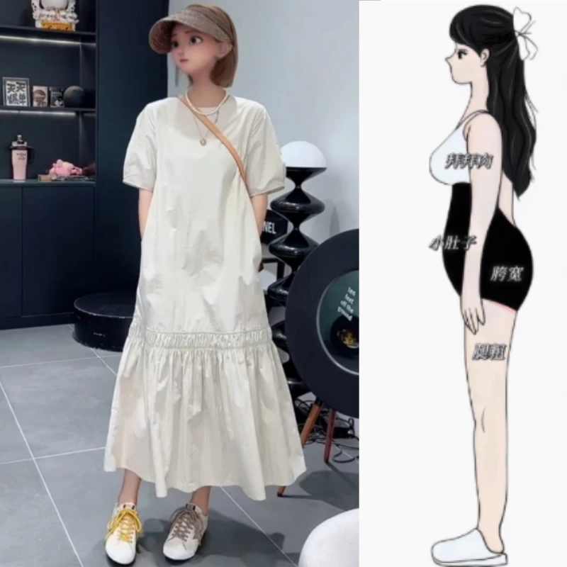2025夏季薄款大码女装纯色宽松圆领连衣裙梨形身材显瘦拼接长裙