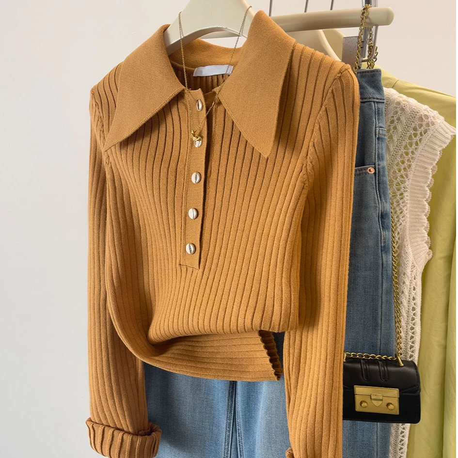 大码遮肚POLO领针织衫上衣女秋冬简约坑条打底衫宽松洋气气质毛衣