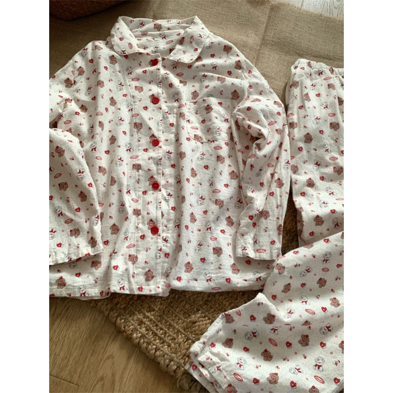 少女可爱小卡通印花睡衣女春秋款大码长裤长袖开衫家居服套装外穿