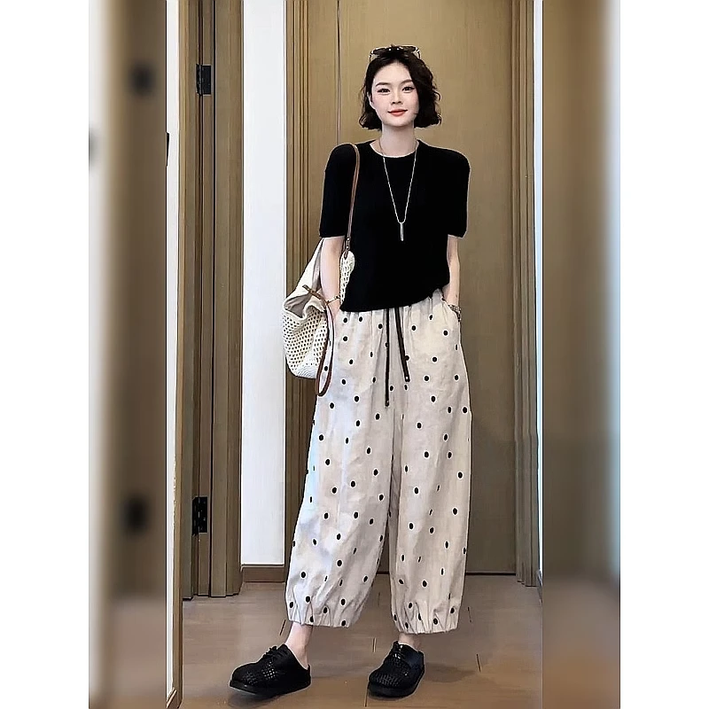 2025夏季薄款棉麻波点裤女韩版时尚宽松bf慵懒风显瘦九分奶奶裤子