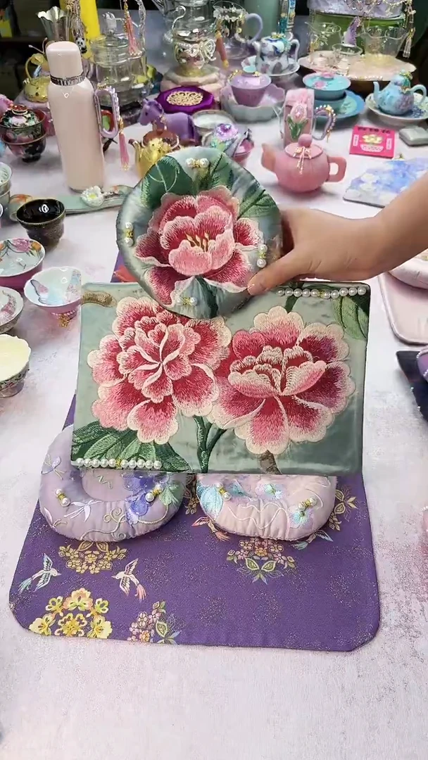 84套组 牡丹刺绣茶席 甜甜圈