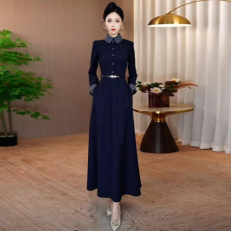 藏蓝色连衣裙女2025秋季新款修身显瘦气质优雅裙子时尚洋气长裙