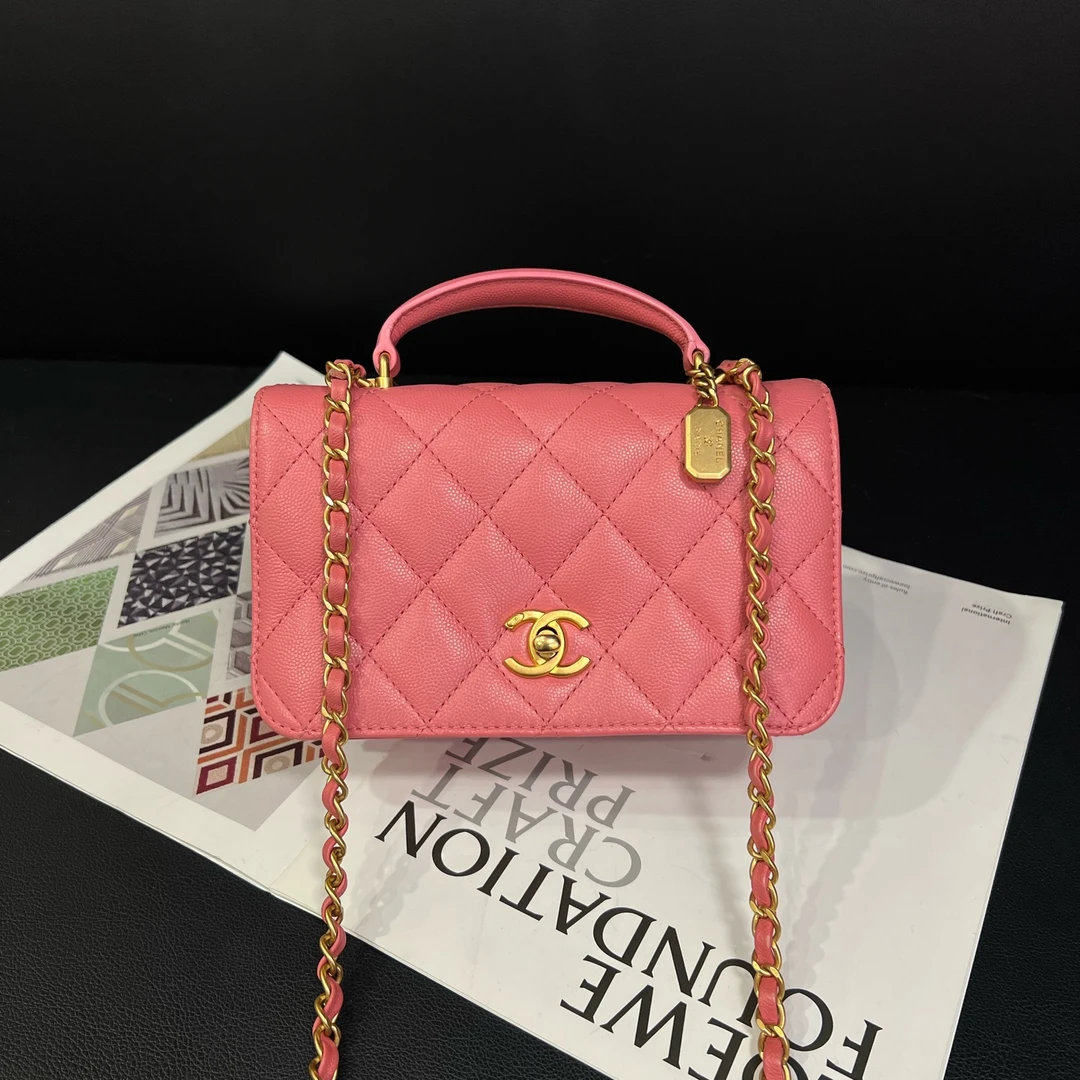 99新 Chanel/香奈儿  专柜43100桃粉色23B手柄风琴口盖包B5902