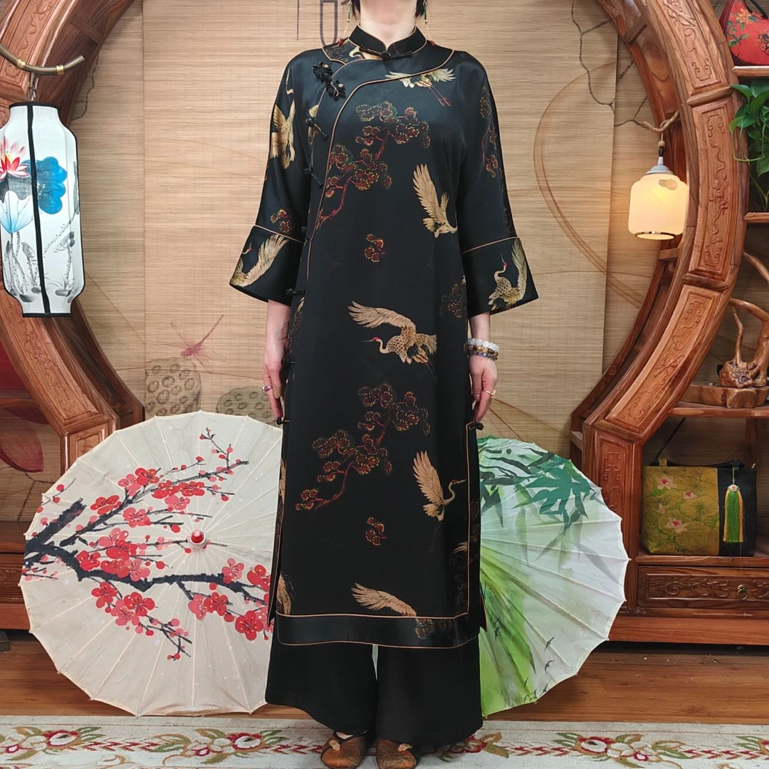 60姆米重缎100桑蚕丝香云纱松鹤延年全开袍子新中式襟立领气质