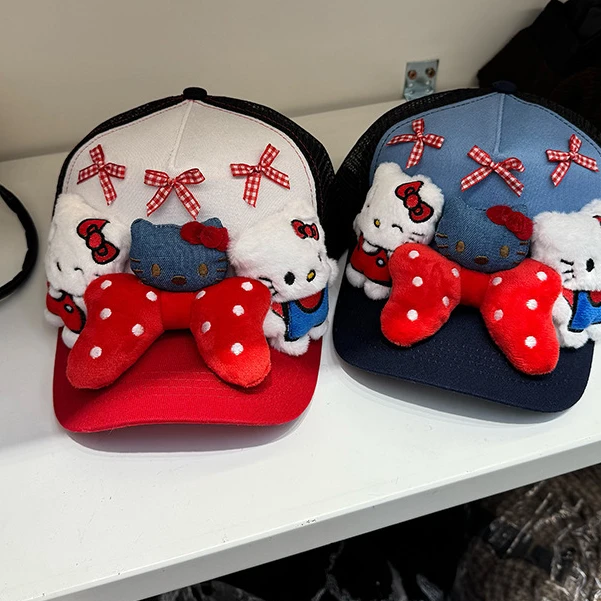 【玛卡】拼色少女猫咪汽车棒球帽子猫猫头玩偶可爱蝴蝶结装饰礼物