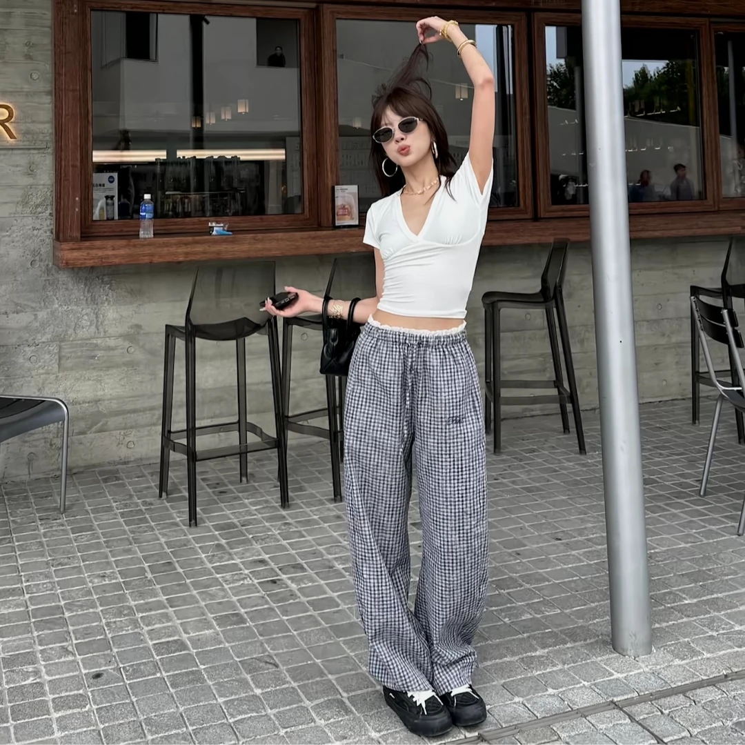 FUNT25新品海盐苏打格纹泡泡纱长裤休闲百搭052