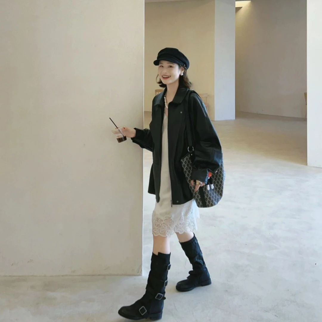 韩系穿搭皮衣外套气质夹克上衣女秋季优雅复古V领蕾丝吊带裙套装