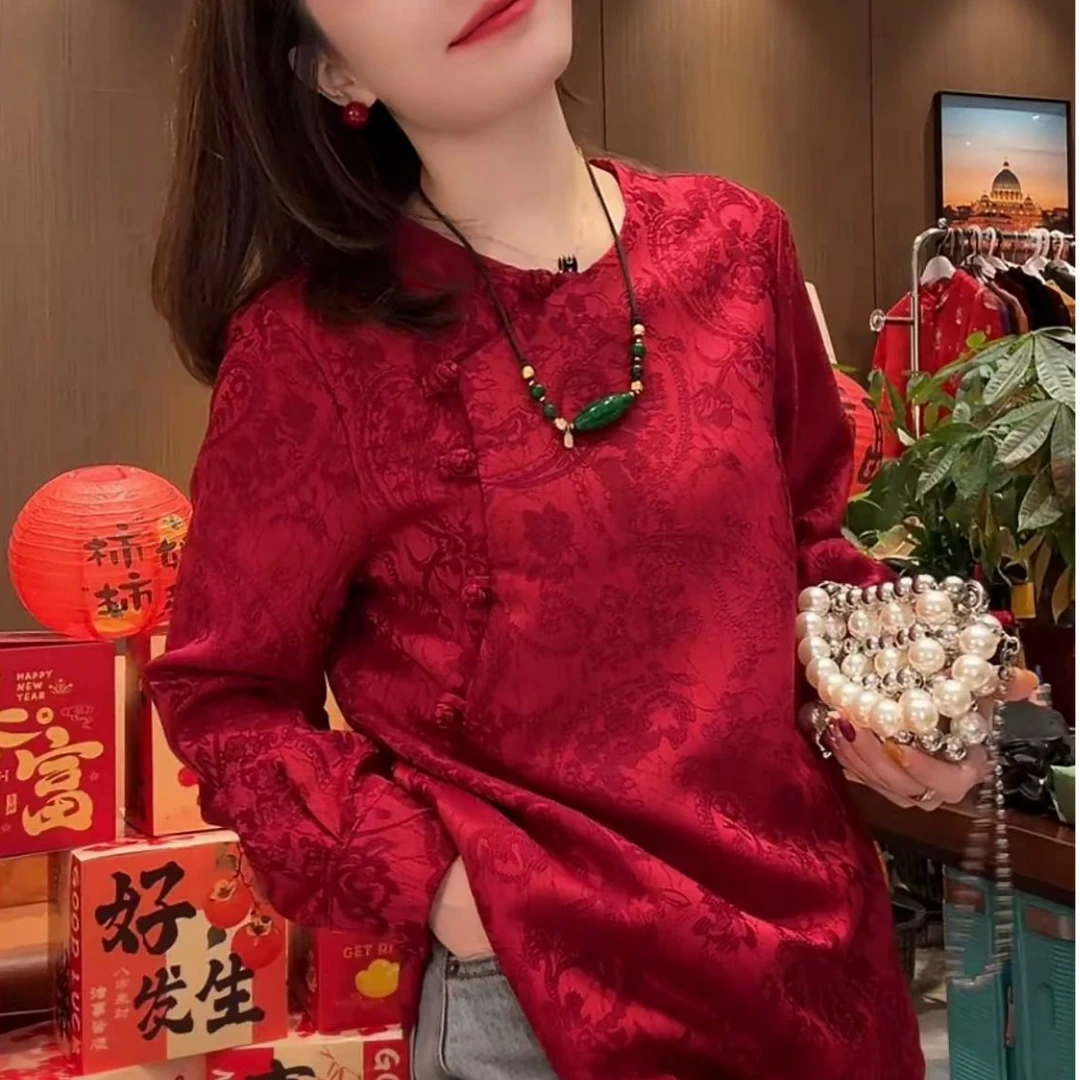 新中式国风斜襟复古盘扣提花圆领上衣女939